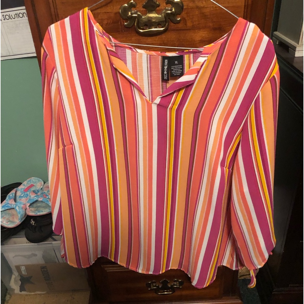 EUC Kristen Nicole 3/4.Tie Sleeves Orange, White, Pink & Mauve Striped Blouse